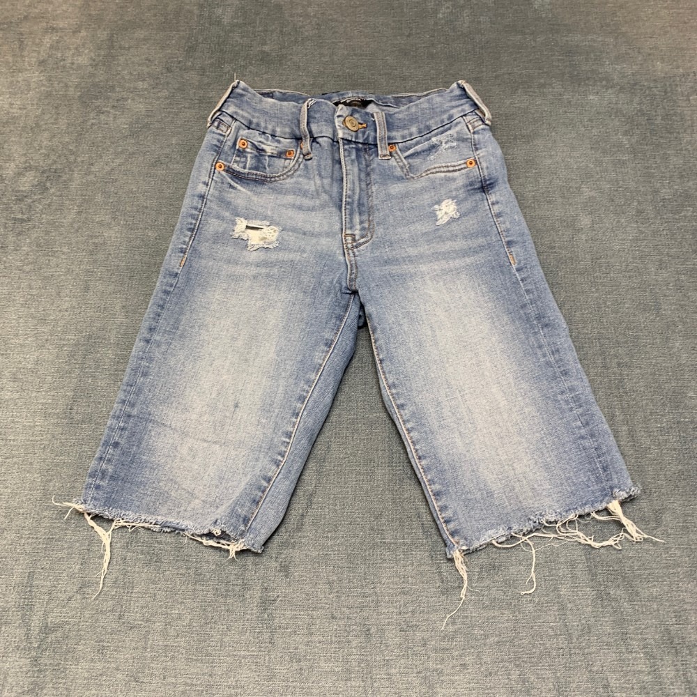 Aero High Rise Curvy Bermuda Shorts Womens 0 Blue Denim Distressed Frayed Hem